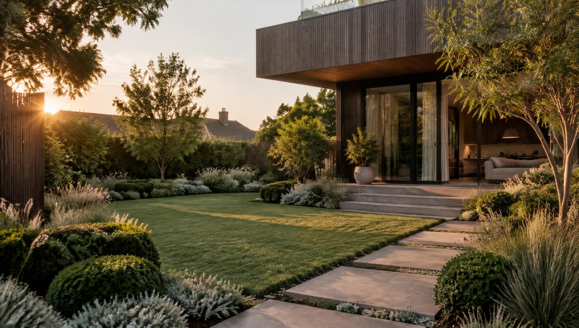 Architectural Melbourne garden with sculpted hedges, lawn and stone pathway